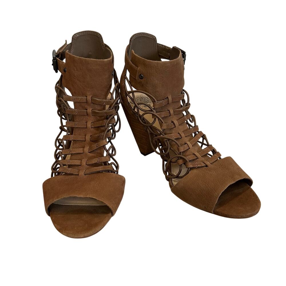 Vince Camuto Evel Womens 10M Caged Sandal Open Toe Leather‎ Heels Dark Taupe
